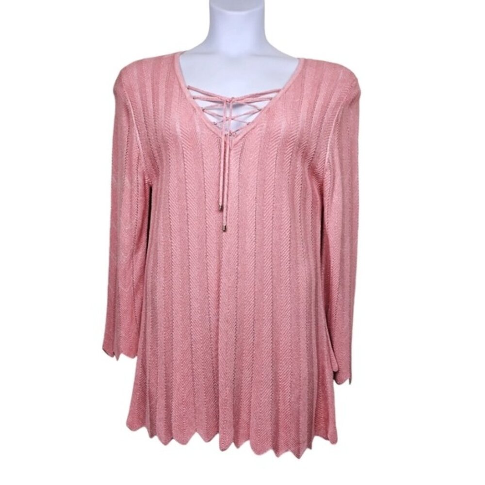 White House Black Market Pink Lace Up Scalloped Knit Pullover Sweater Size XL